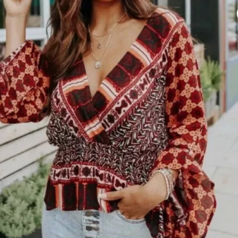 Free People Rosalie Wrap Flare Bell Sleeves Bohemian Top Coral Combo, XS